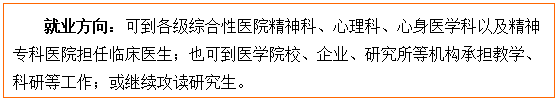 文本框: 就业方向：可到各级综合性医院精神科、心理科、心身医学科以及精神专科医院担任临床医生；也可到医Y3国际
校、企业、研究所等机构承担教学、科研等工作；或继续攻读研究生。